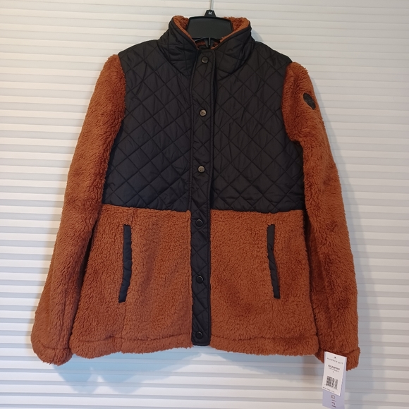 NWT Madden Girl Cozy Mixed-Media Fleece Jacket in Toffee Black - Picture 1 of 10